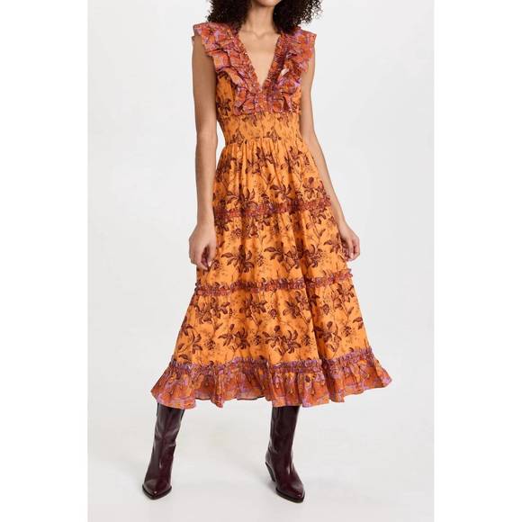NEW LOVE THE LABEL azalea ruffled midi dress in beryl mango print - Picture 1 of 3